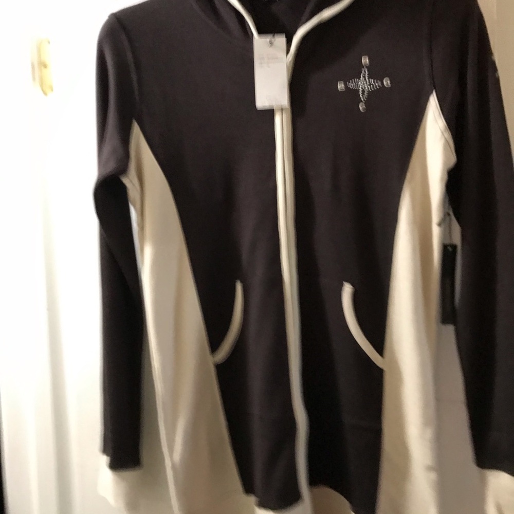 Women's Black and White Hooded Jacket. Long Hoodie with chic pants.BCBG. *NEW*👌